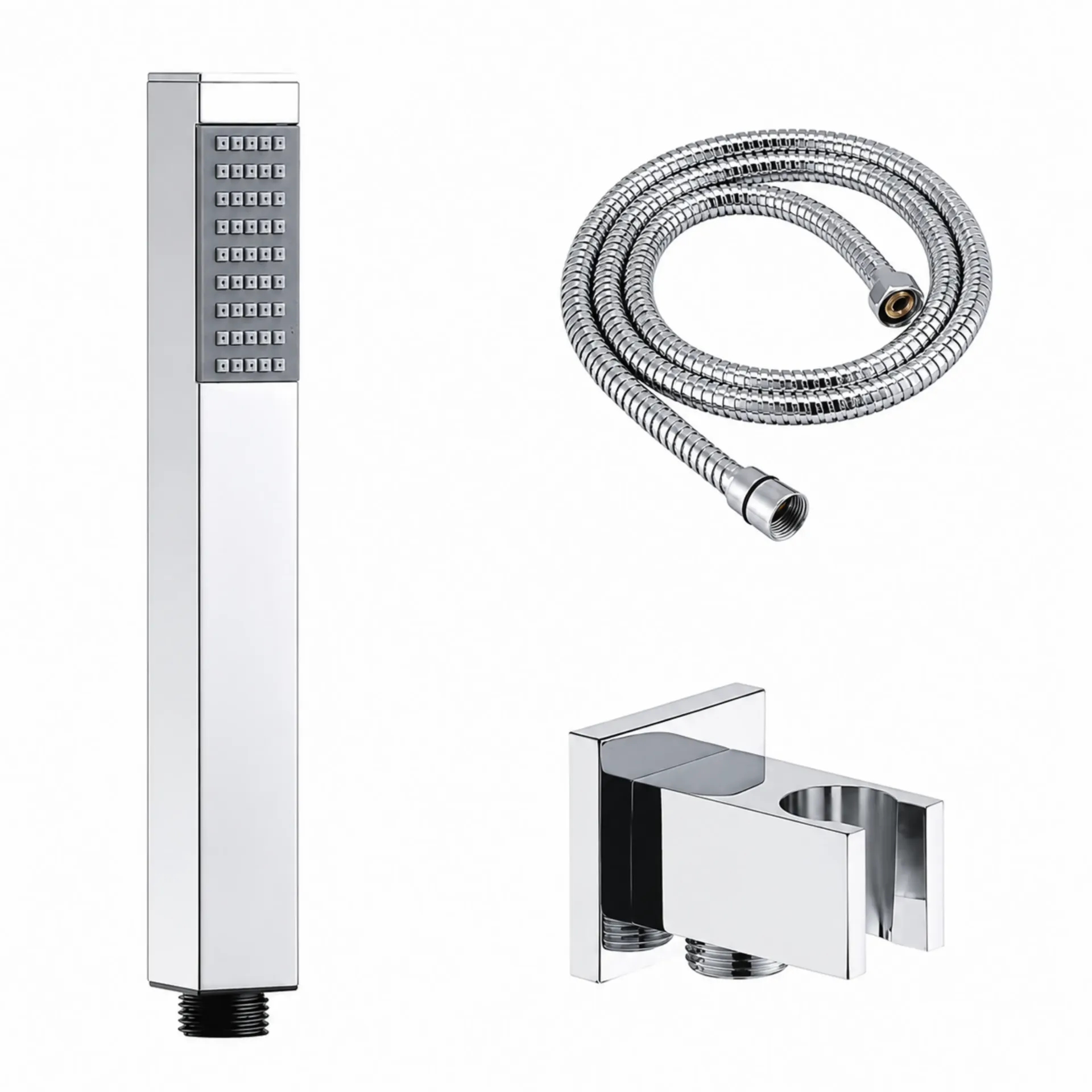[KITQ01E] DUCHA DE MANO CON ENTRADA Y SOPORTE CUADRADO CROMADO KUBO
