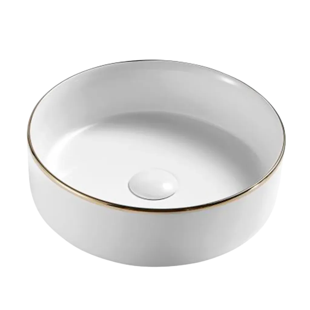 LAVAMANOS REDONDO 35.5CM BLANCO CON BORDE DORADO KUBO