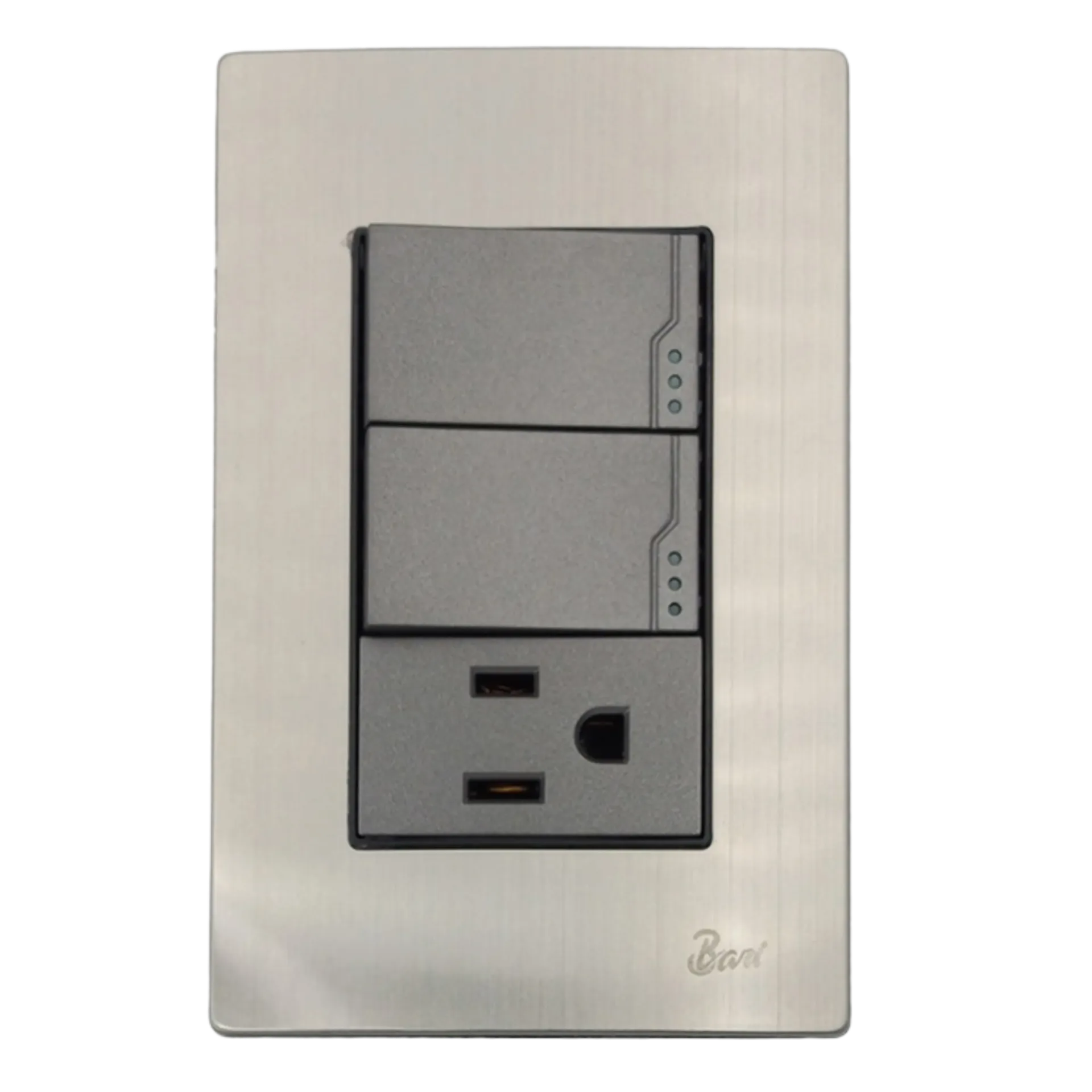 [INT.02.12] INTERRUPTOR DOBLE + TOMA CORRIENTE CON TIERRA INOX BARI