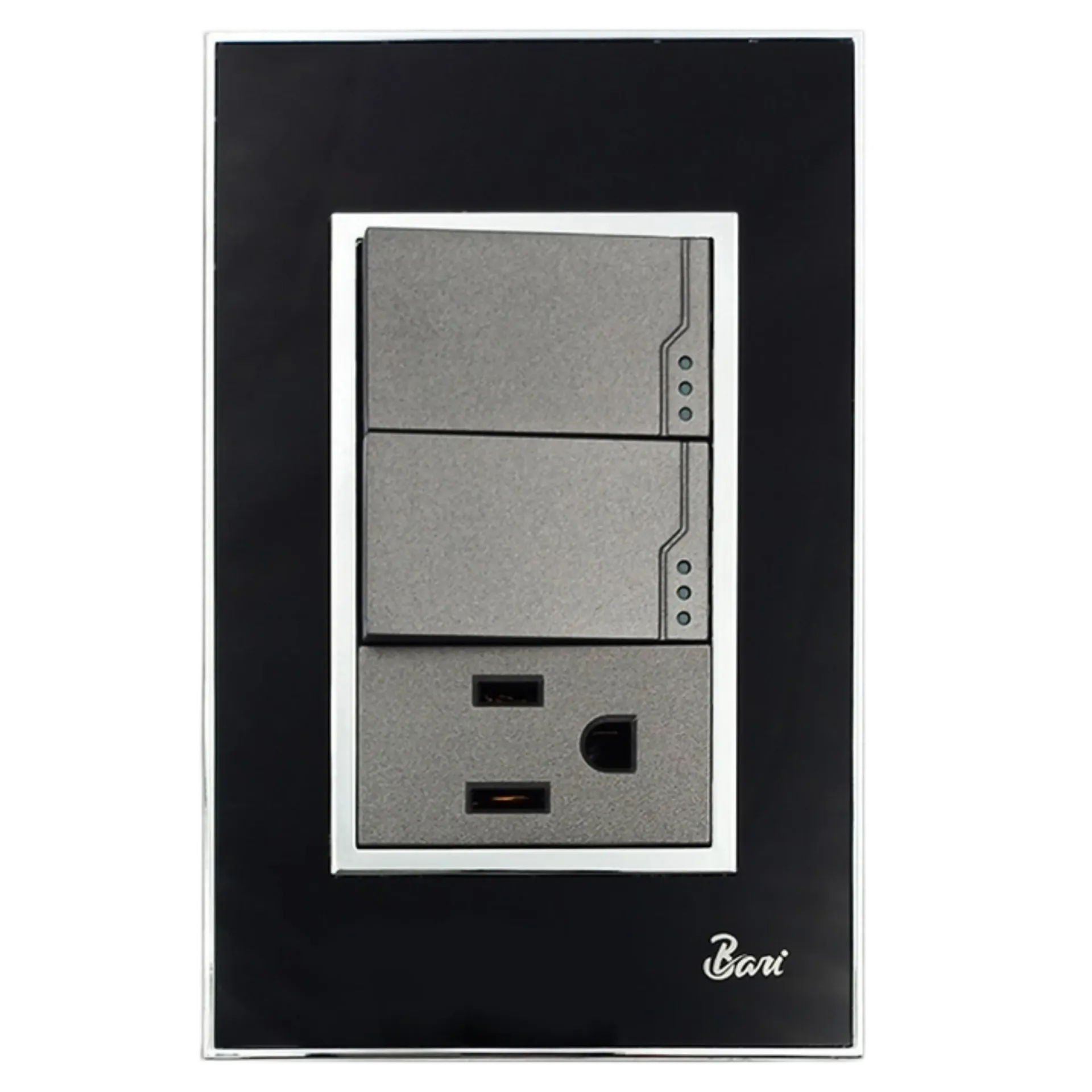 [INT.05.12] INTERRUPTOR DOBLE + TOMA CORRIENTE CON TIERRA NERO BARI